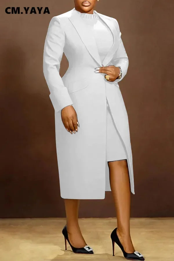 CM.YAYA Women's Set Full Sleeve Long Blazer Coat+ Long Dress Suit 2025 Winter Streetwear Two 2 Piece Set Africa OL Work Outfits