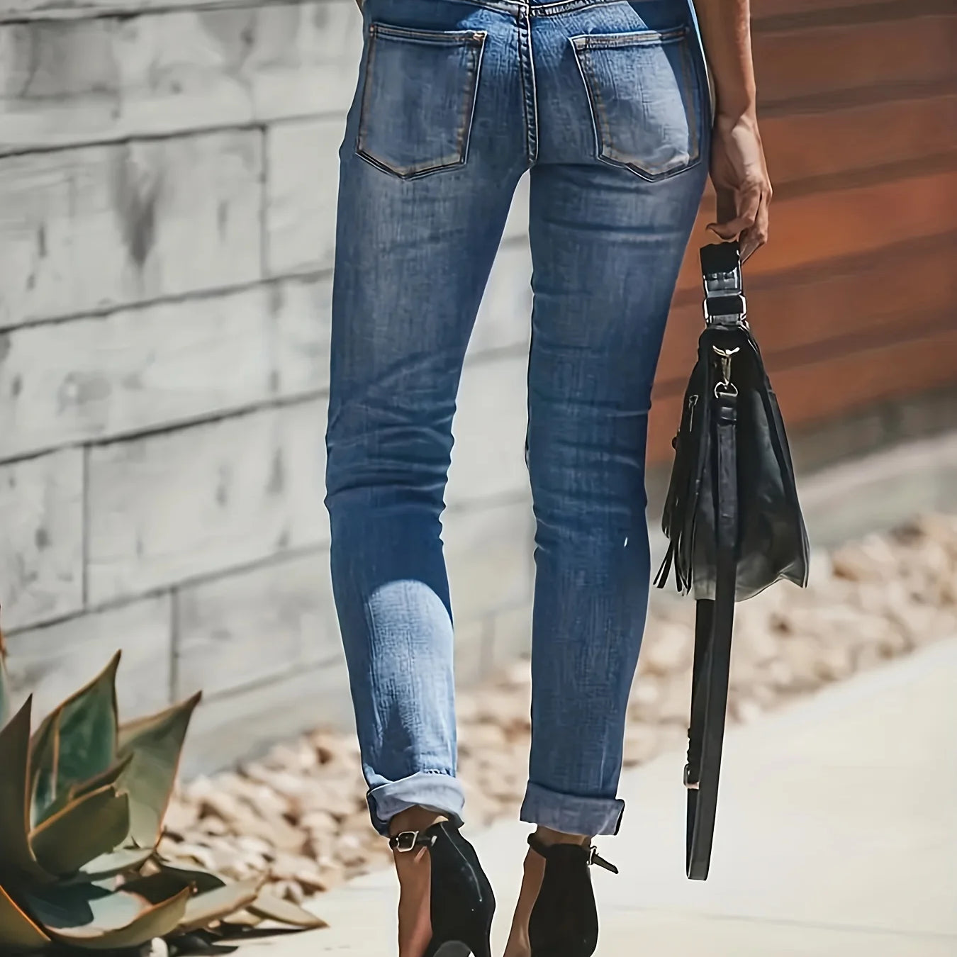 Blue Ripped Holes Denim Jeans, Slim Fit Single-Breasted Button High-Stretch Casual Denim Pants, Women's Denim Jeans