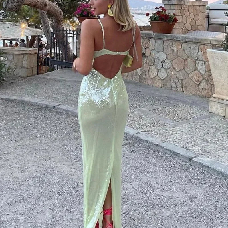 Luxury Sequins Backless High Slit Evening Long Dress Elegant WomenSleeveless High Waist Tunic Bodycon Holiday Party Dresses