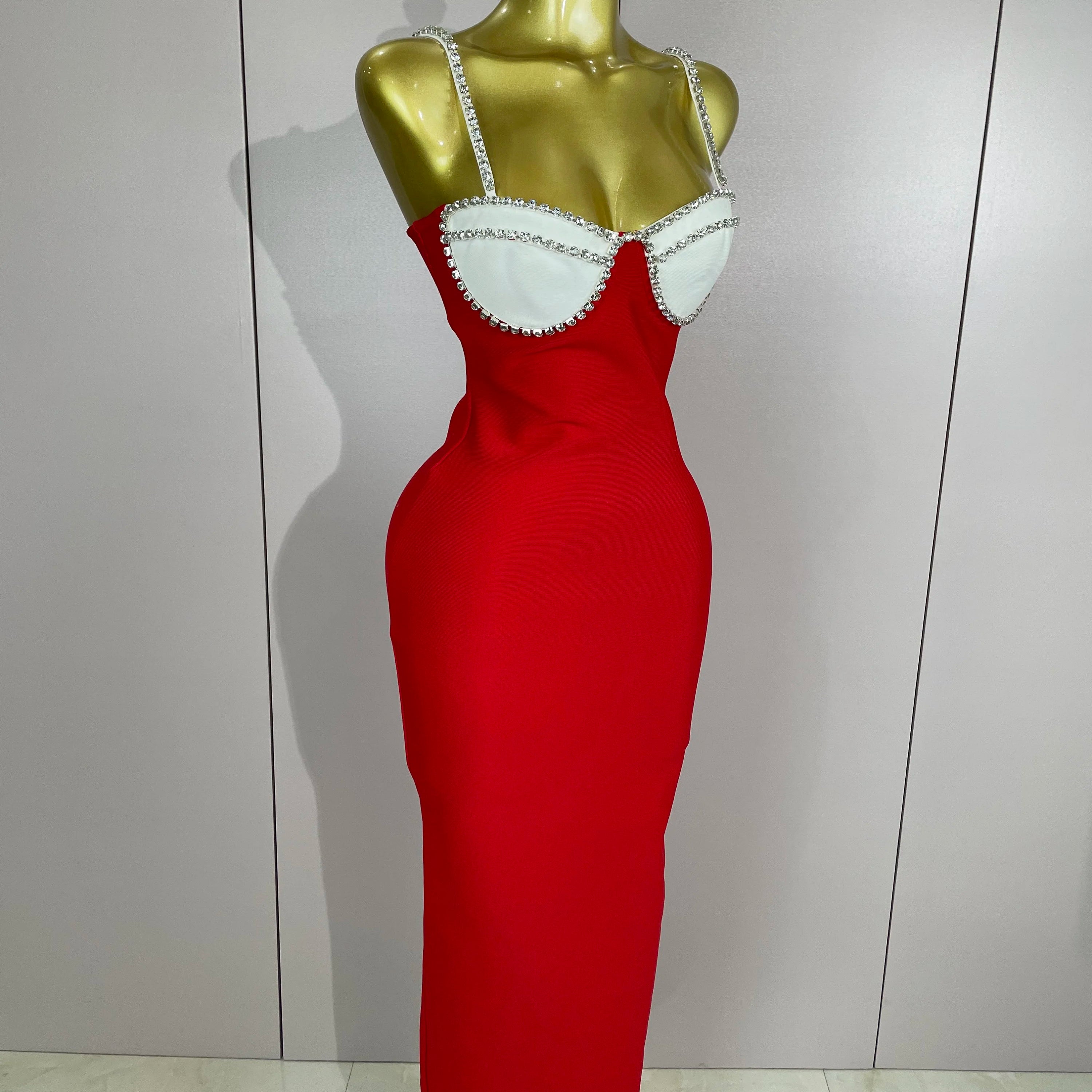 2025 Women Celebrity Sexy Backless Diamonds Patchwork Black Red Maxi Long Bodycon Bandage Dress Elegant Evening Club Party Dress