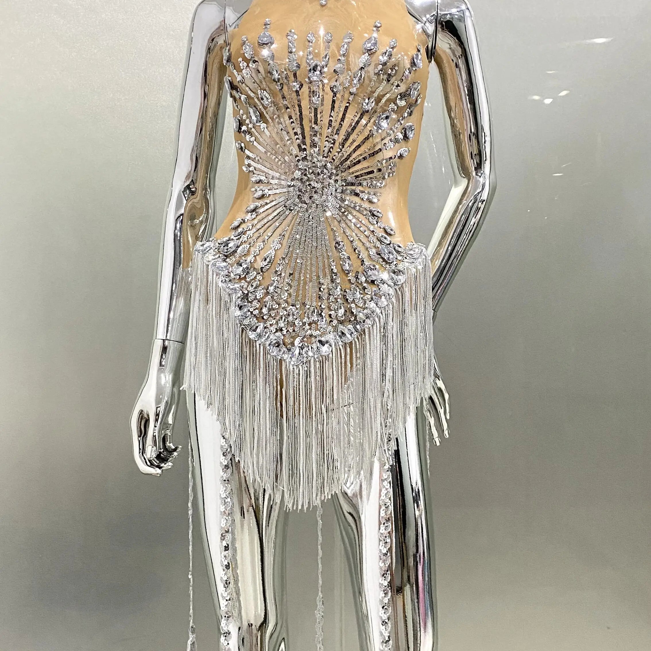 Sliver Sequins Shining Diamonds Long Tassel Sleeveless Mini Dress High Quality Evening Dress Woman Birthday Party Outfit