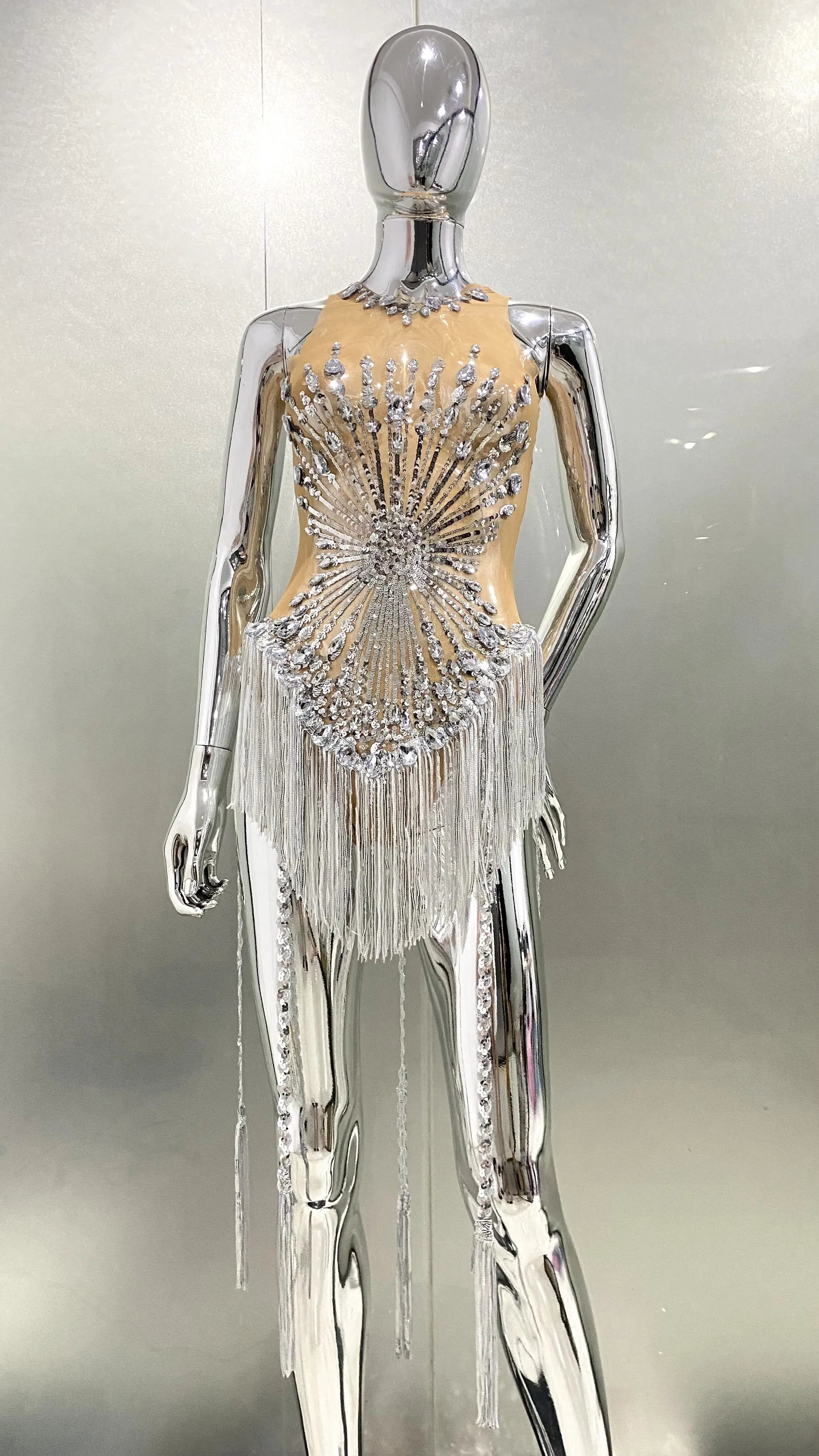 Sliver Sequins Shining Diamonds Long Tassel Sleeveless Mini Dress High Quality Evening Dress Woman Birthday Party Outfit