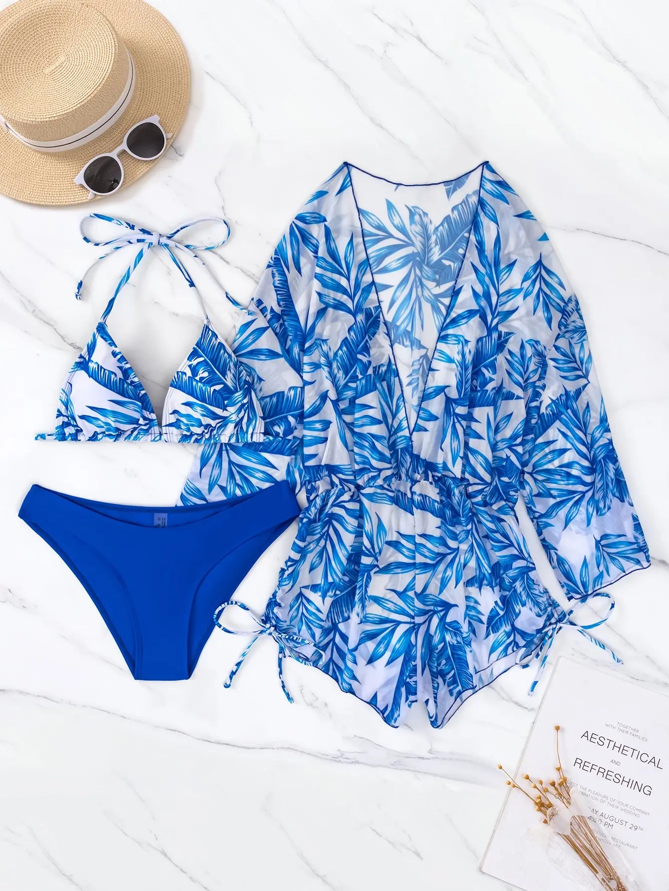 3 Pieces Bikini Tropical Print Swimsuit Halter Drawstring Side Swimwear Women 2023 Bathing Suit Female Swimming Summer Beachwear Blue
