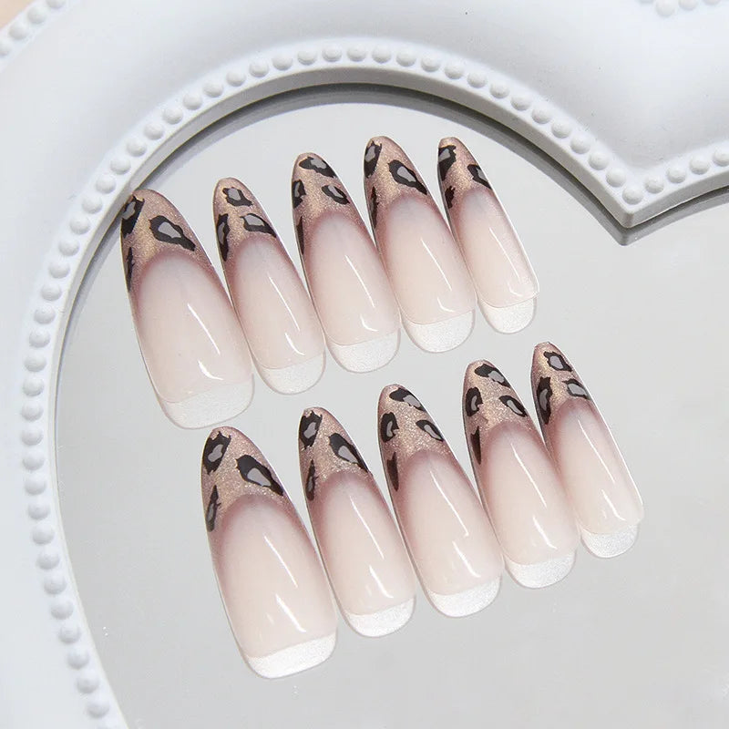 24pcs French Cat Eye Leopard Print Press on Nails Simple Short Nails Full Cover Wearable False Nails