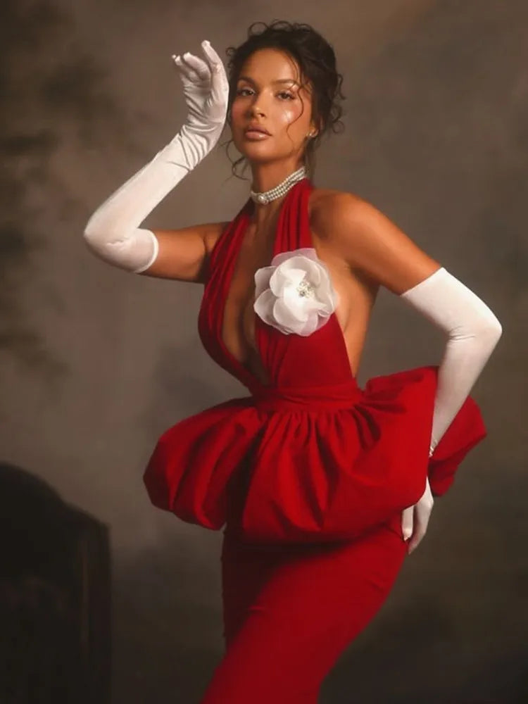 Women Celebrity Sexy Halter Backless Red Flower Maxi Long Bodycon Bandage Dress 2025 Elegant Evening Club Party Dress