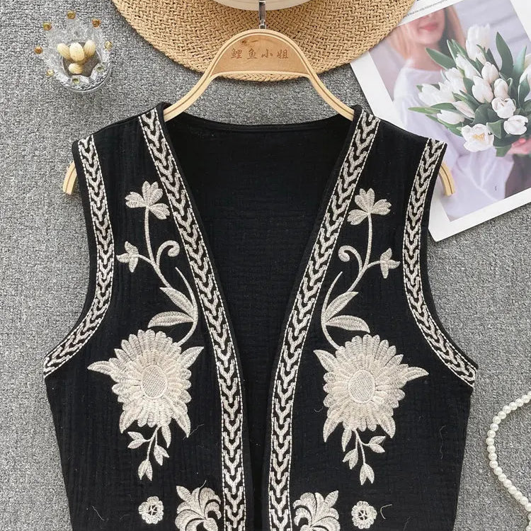 Vintage Floral Embroidery Cardigan Vest Women Summer National Style Ladies Top Patchwork Casual WaistCoat For Female black One Size