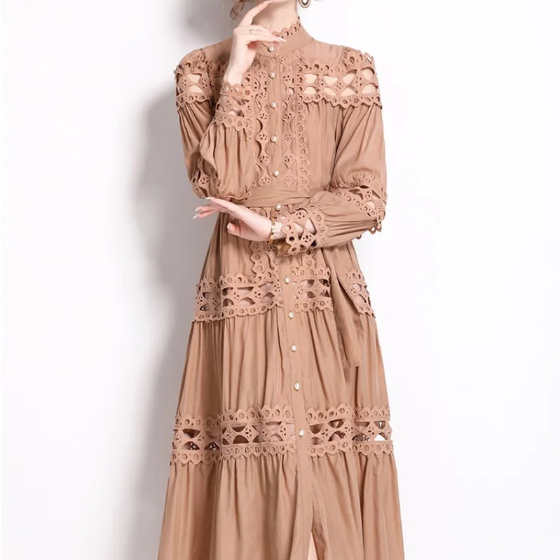 Spring Autumn Stand Collar Lace Hollowed Out Single Breasted Dress Women's Vintage Elegant Full Sleeve Rnnway Long Dress