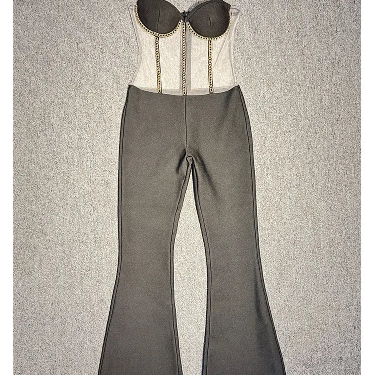 Chic Women Luxury Sexy Sleeveless Mesh Chain Black Bodycon Bandage Jumpsuit 2024 Celebrity Designer High Street Rompers