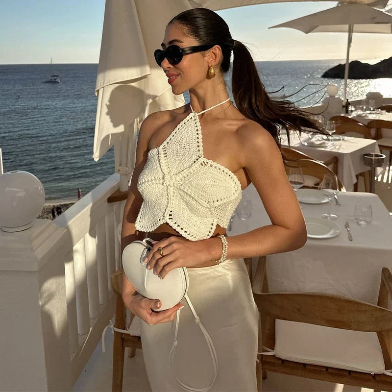 Knitted 3d Flower Women Halter Vest Sexy Hollow Out Backless Female Crop Top Summer Sleeveless Lace Up Holiday Lady Beachwear white