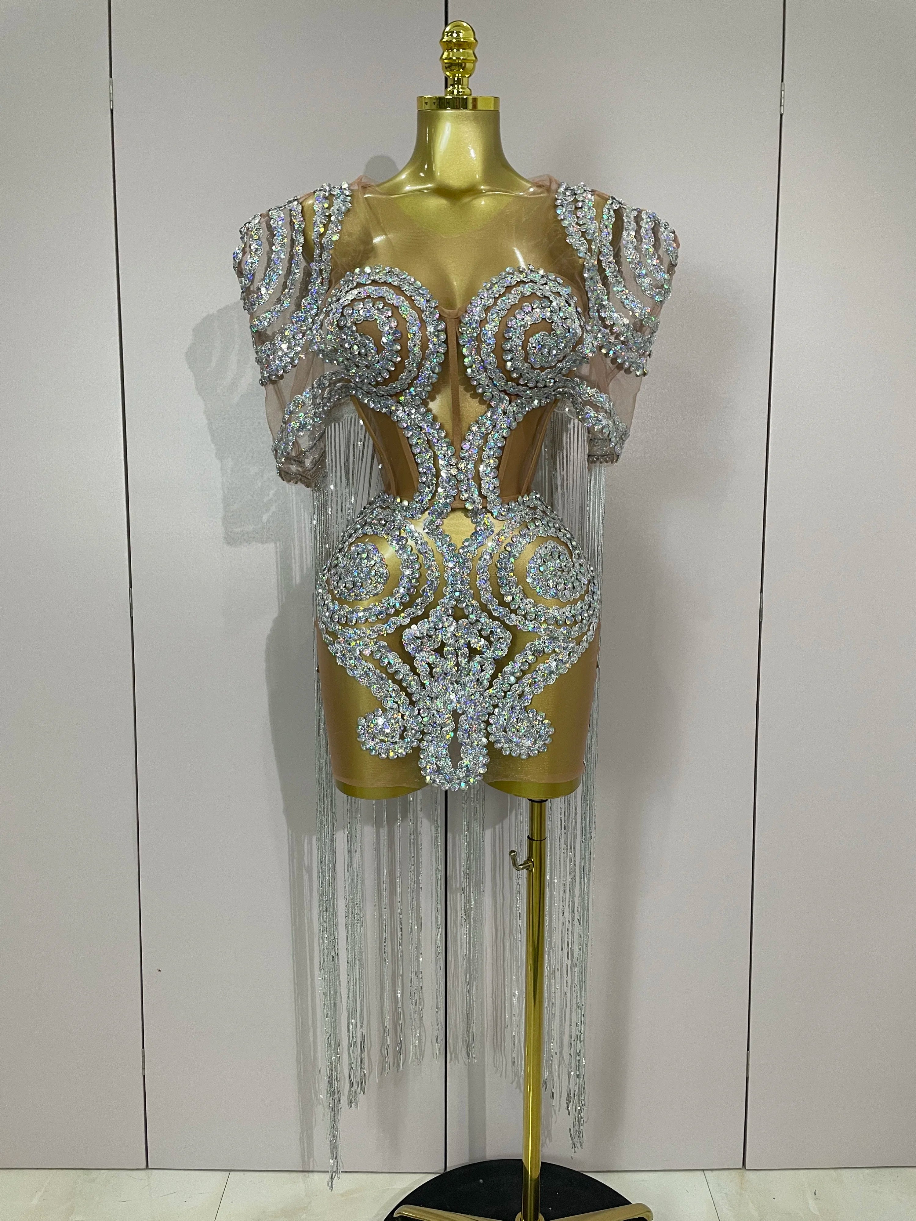 Stock Sparkly Rhinestones Sequins Sexy Mesh Tassels Cape Short Dress 2025 Women Evening Birthday Party Nightclub Stage Costume