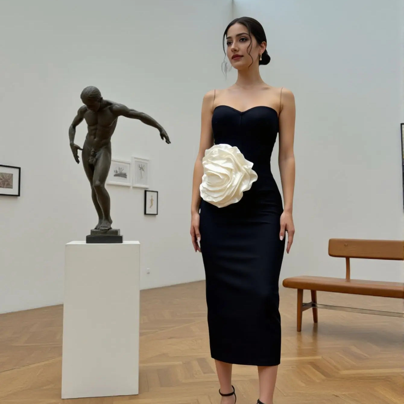 Black Color Women Sexy Strapless White Florals Bodycon Mid-calf Bandage Dress Celebrate Evening Party Birthday Outfit