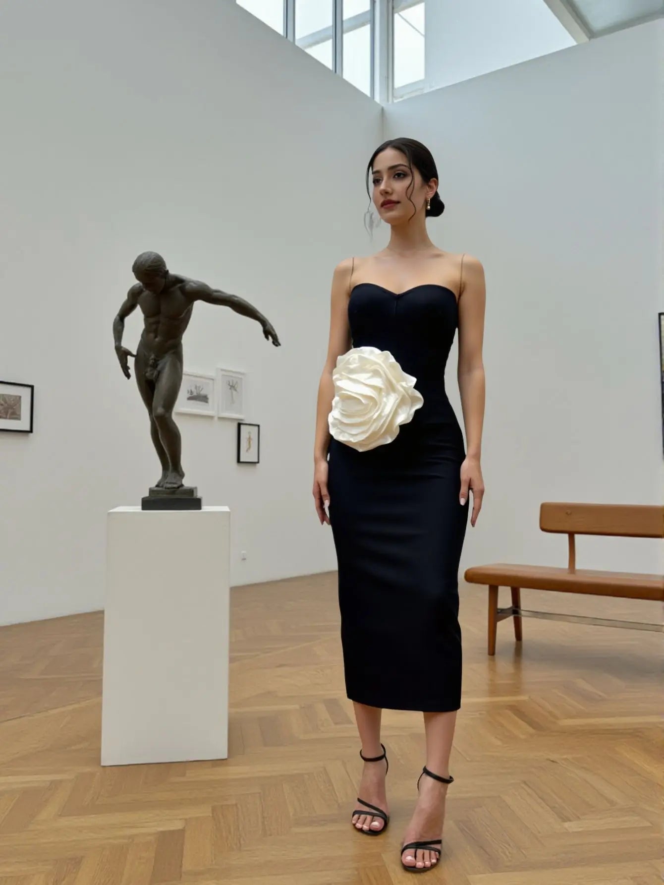 Black Color Women Sexy Strapless White Florals Bodycon Mid-calf Bandage Dress Celebrate Evening Party Birthday Outfit