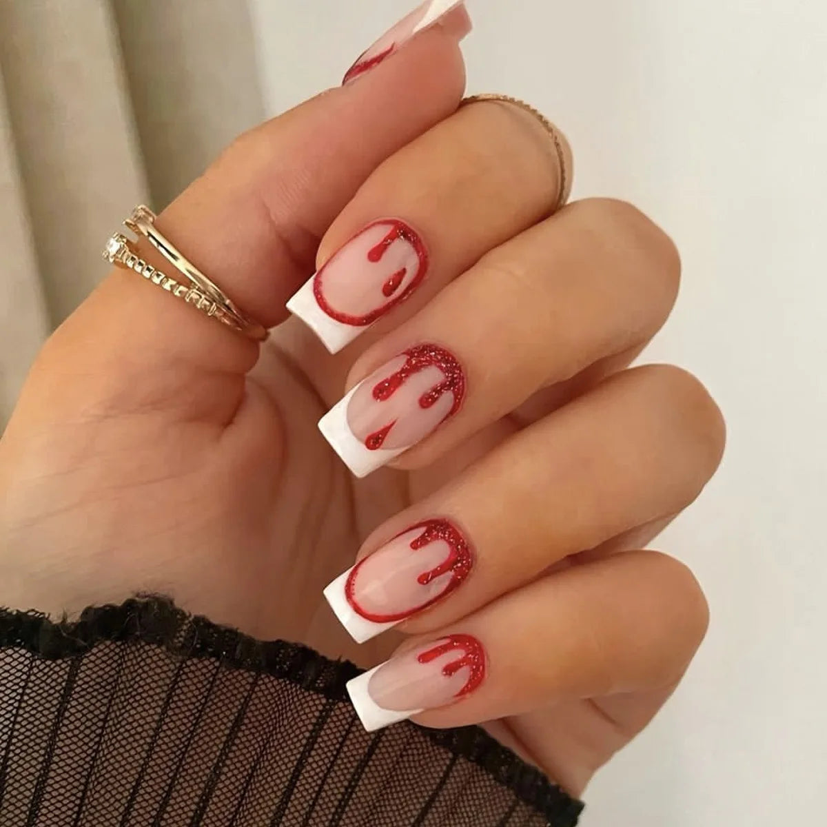 24Pcs Short Square False Nails Dark Forest Castle Design Press on Fake Nails Halloween Reusable Artificial Full Cover Nails Tips