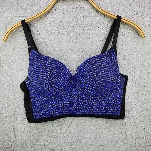 Rhinestone Bead Bustier Corset Pearls Diamond Push Up Night Club Bralette Women's New Fashion Bra Cropped Tops Plus Size Blue
