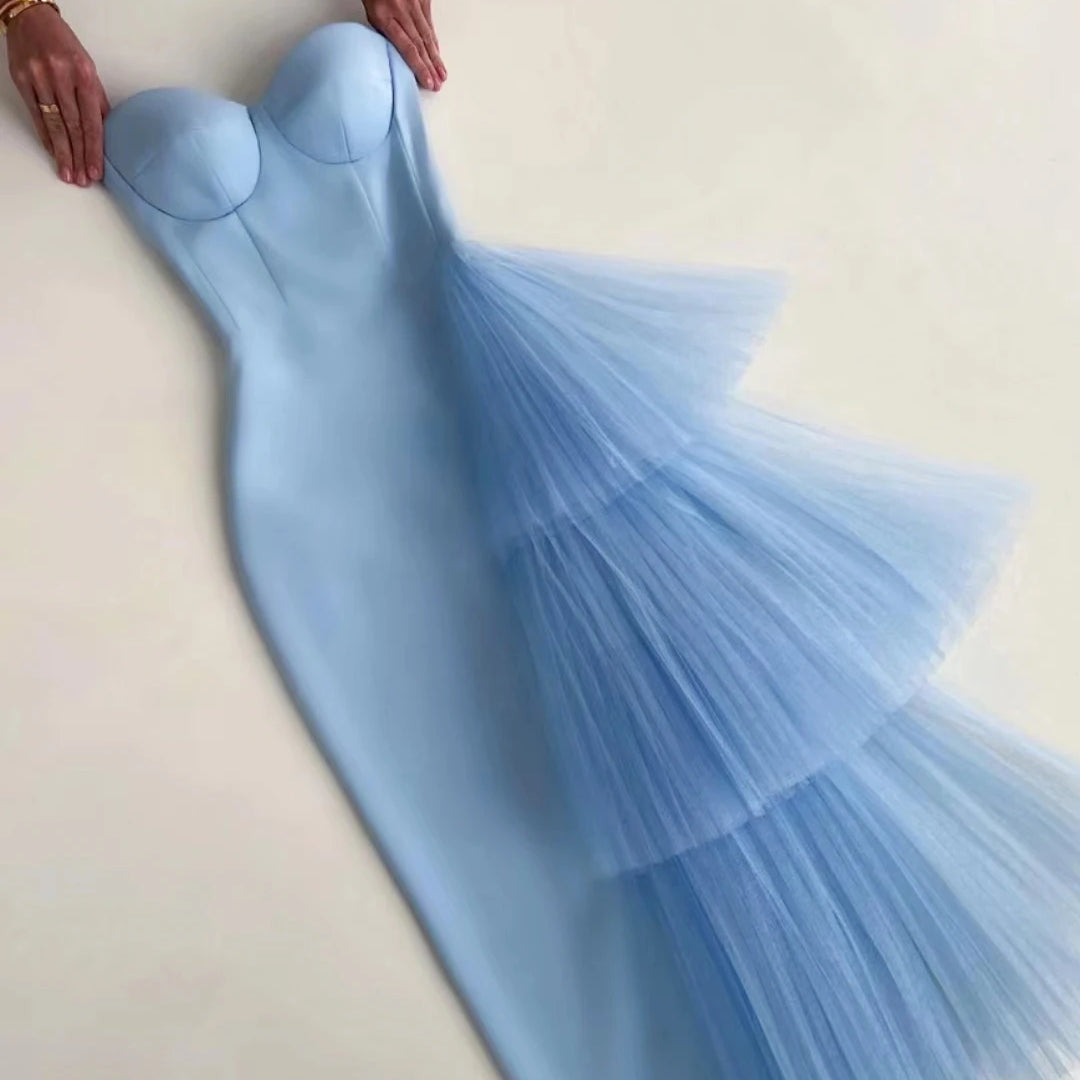 New Skyblue Women Rayon Bandage Off the Shoulder Sexy Bodycon Mid-calf Dress Celebrate Fashion Birthday Party Outfit Vestido