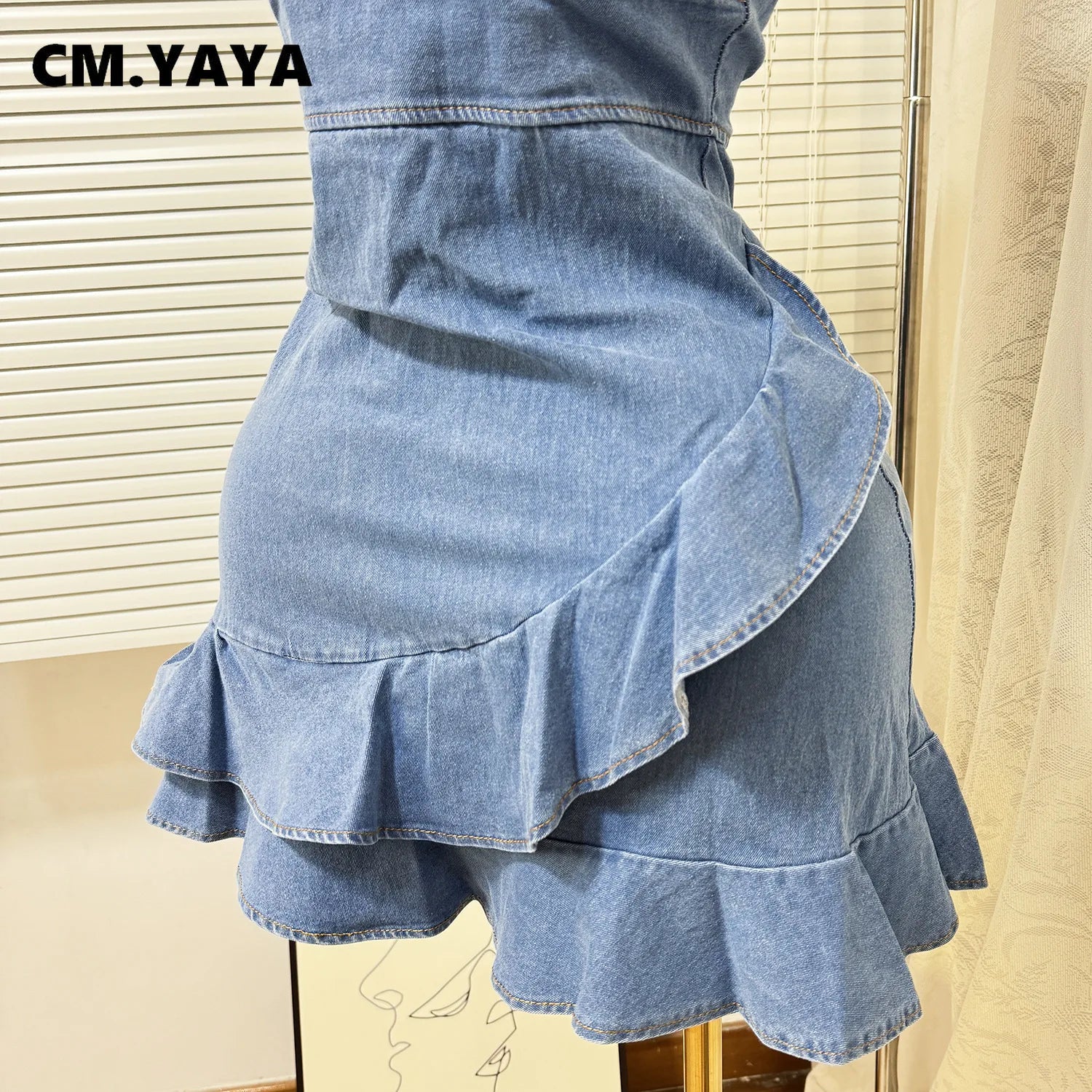 CM.YAYA Women Spaghetti Strap V-neck Ruffles Hem Denim A-line Mini Dress 2025 Chic Birthday Night Club Party Vestidos Dresses