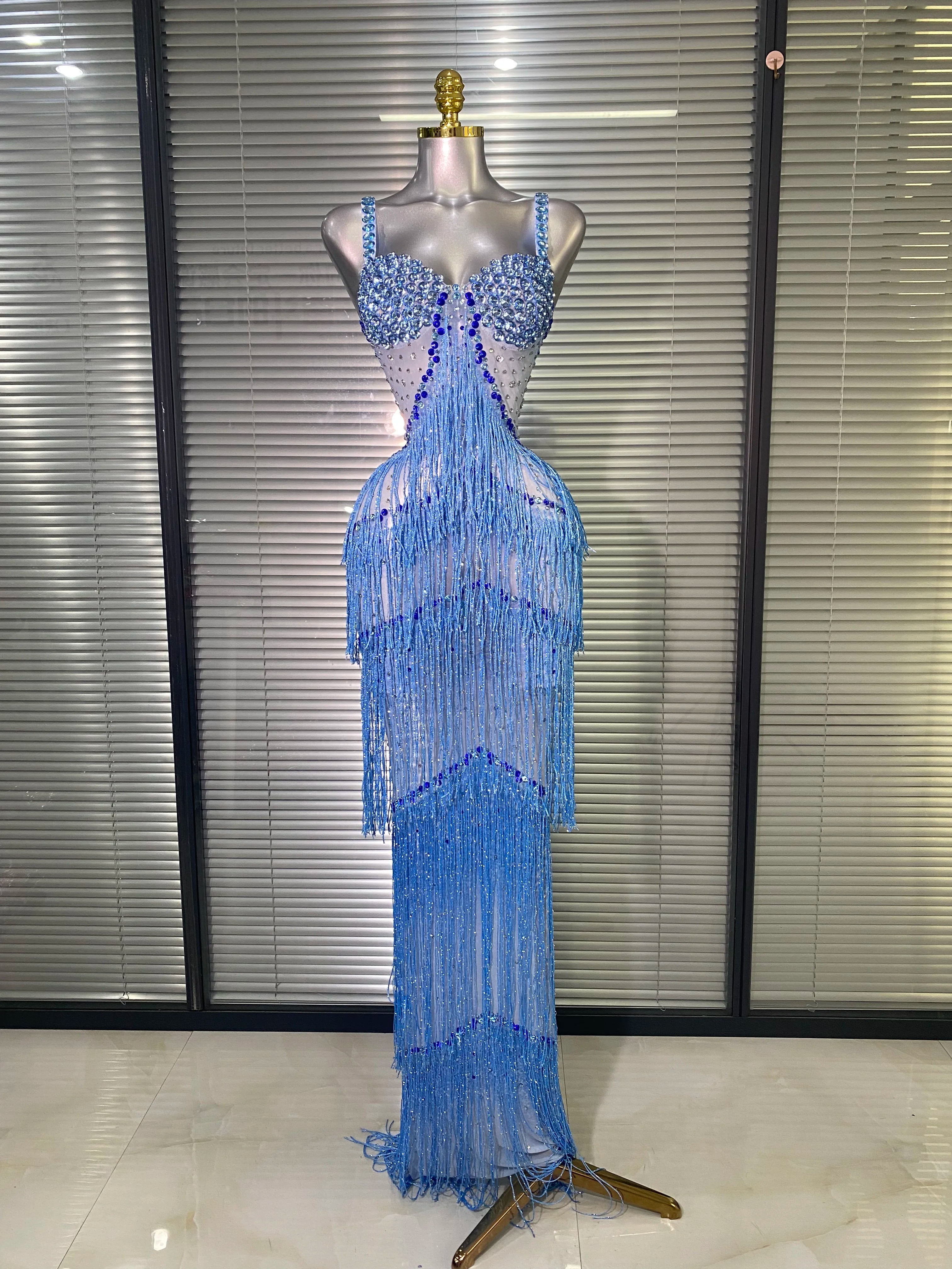 New Women Sexy Mesh Crystal Diamonds Maxi Dress See Through Blue Tassel Party Stage Costume Stage Performance Dress