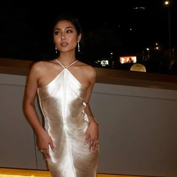 Sexy Fashion Metallic Halter Mini Dress For Women Female Sleeveless Backless Sliming Vestidos Lady Party Club Evening Gown Robe Gold S