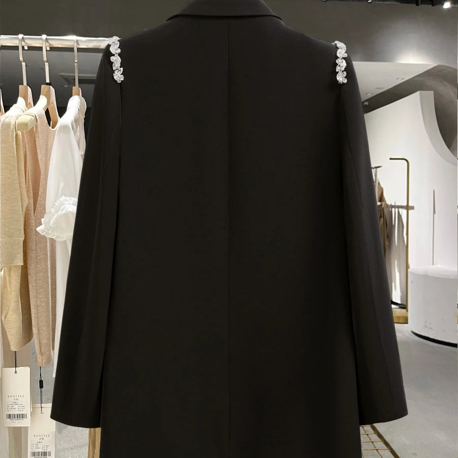 TWOTWINSTYLE Solid Loose Spliced Button Casual Jackets for Women Lapel Long Sleeves Patchwork Bead Jacket Female Fashion Clothes