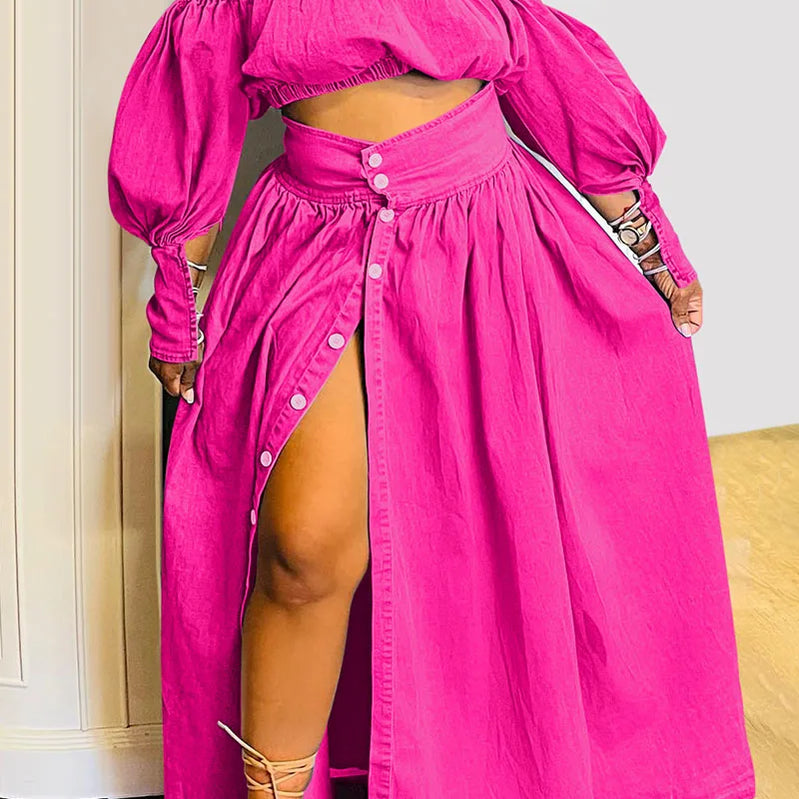 Women Denim Two Piece Set Plus Size Split Hem Off the Shoulder Elegant Puff Sleeve Elastic Top and High Waist Skirt Set Outfits