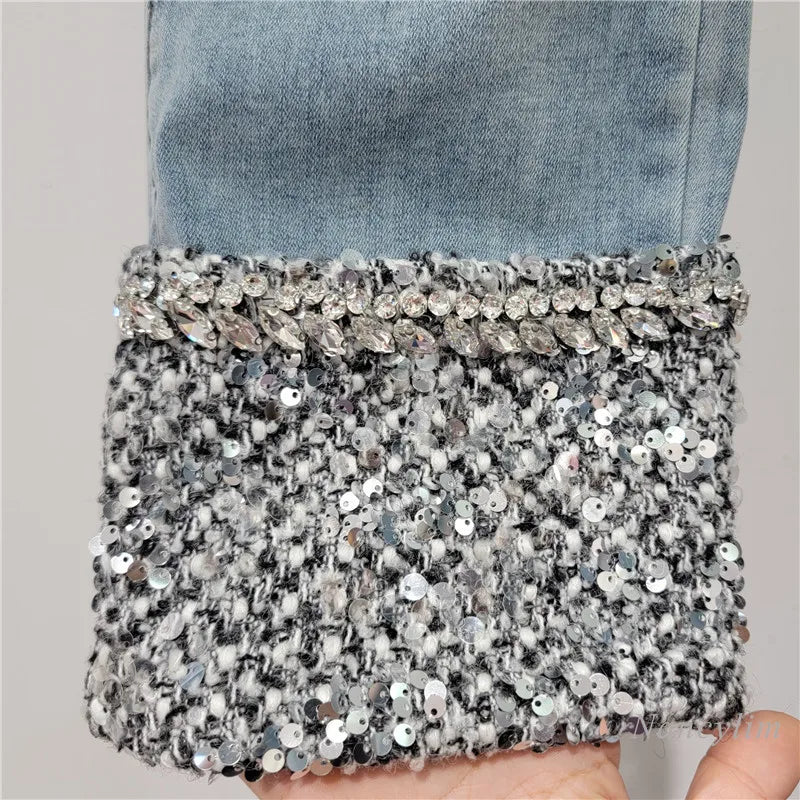 European Fashion Blue Jeans Woman Autumn and Winter New High Waist Straight Stitching Sequin Curling Ankle-Length Pants