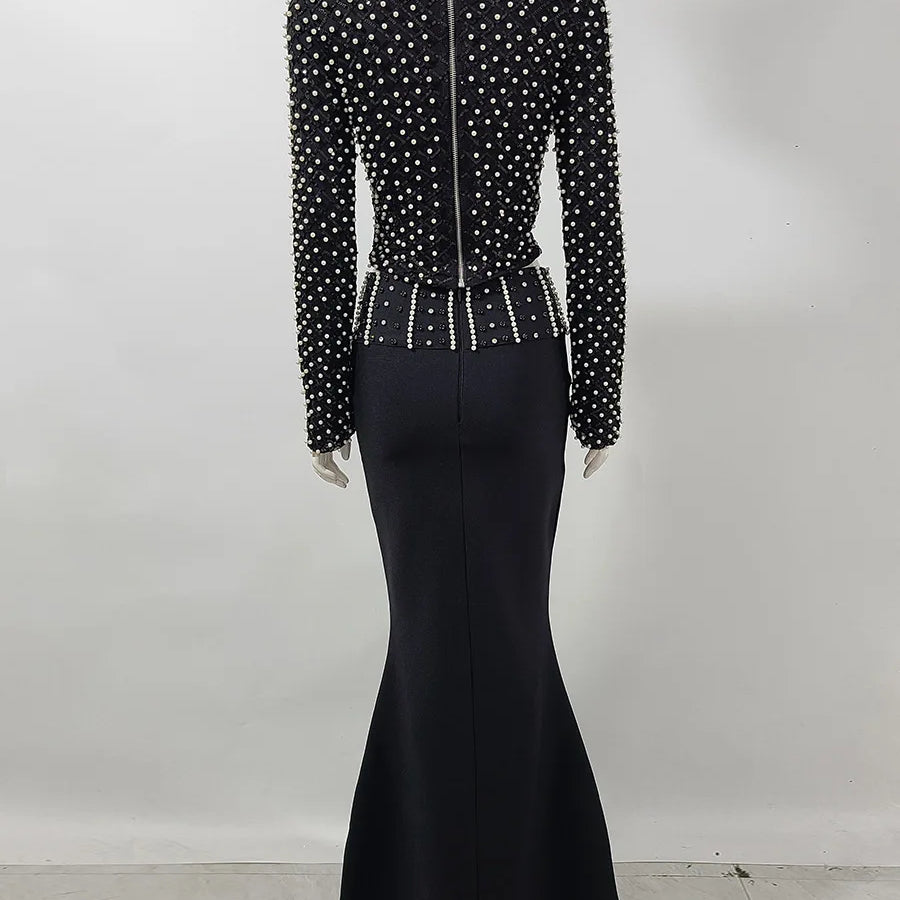 High Quality Women Long Sleeve Sexy Beading Tops 2 Pieces Bodycon Bandage Skirt Set Elegant Evening Party Celebrate Outfit