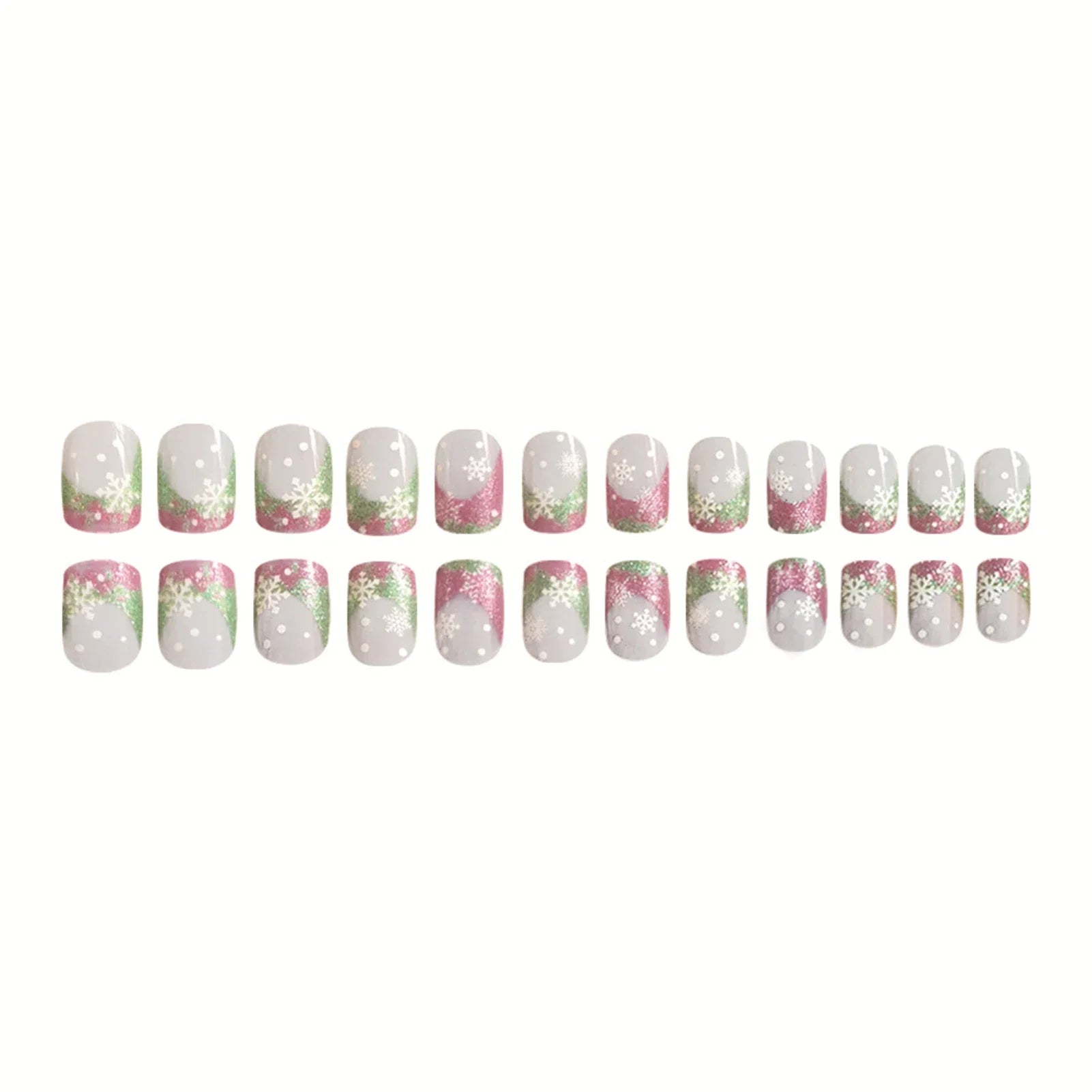 24Pcs Glossy Pink/Green Sequins French False Nails Nude Color Short Square Press On Nails Snowflake Printed Christmas Fake Nails
