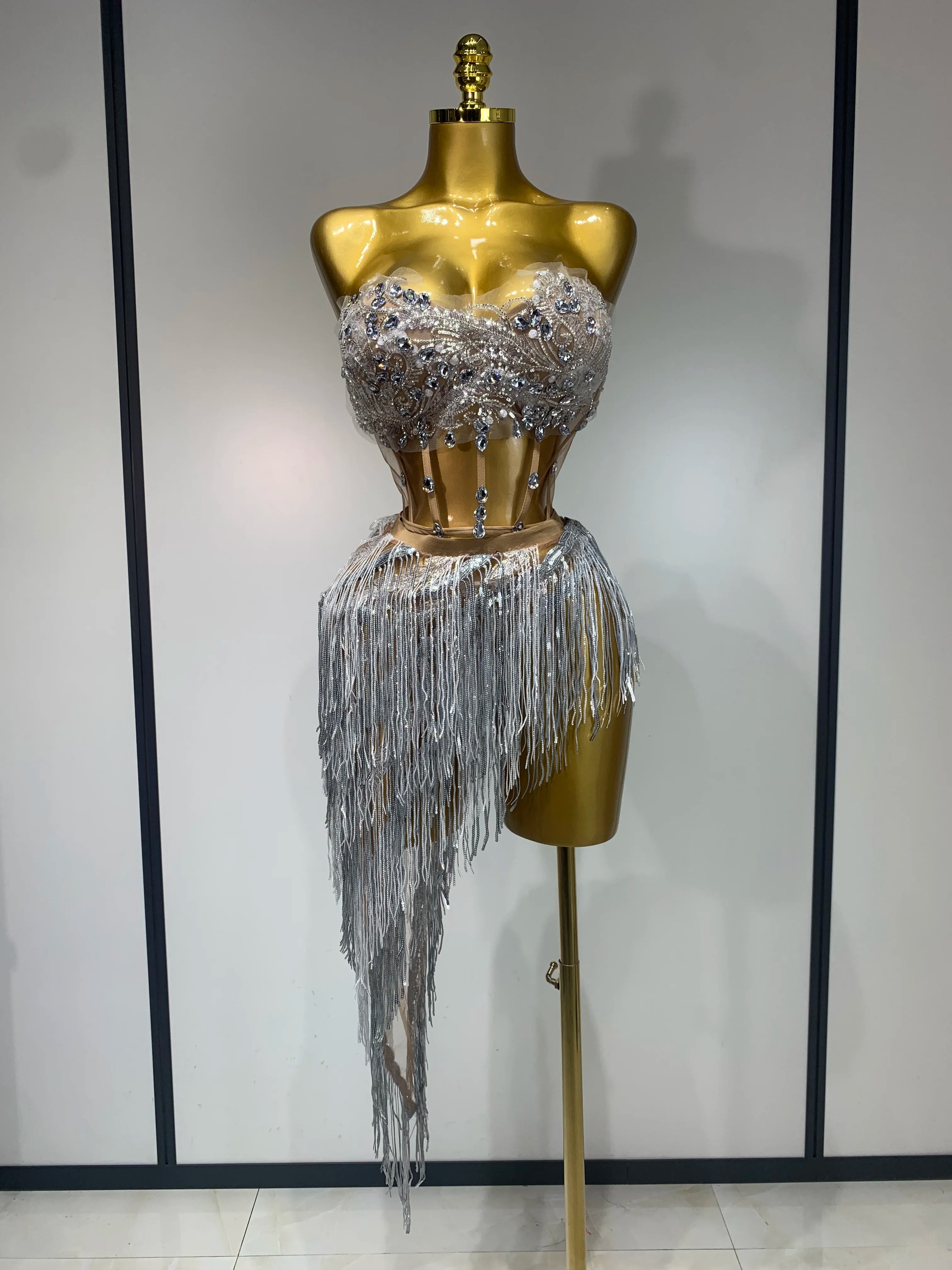 Women Sexy Singer Dancer Performan Costume Nightclub Bar Girl Sparkly Diamond Tassel Two Piece Set Evening Party Birthday Outfit