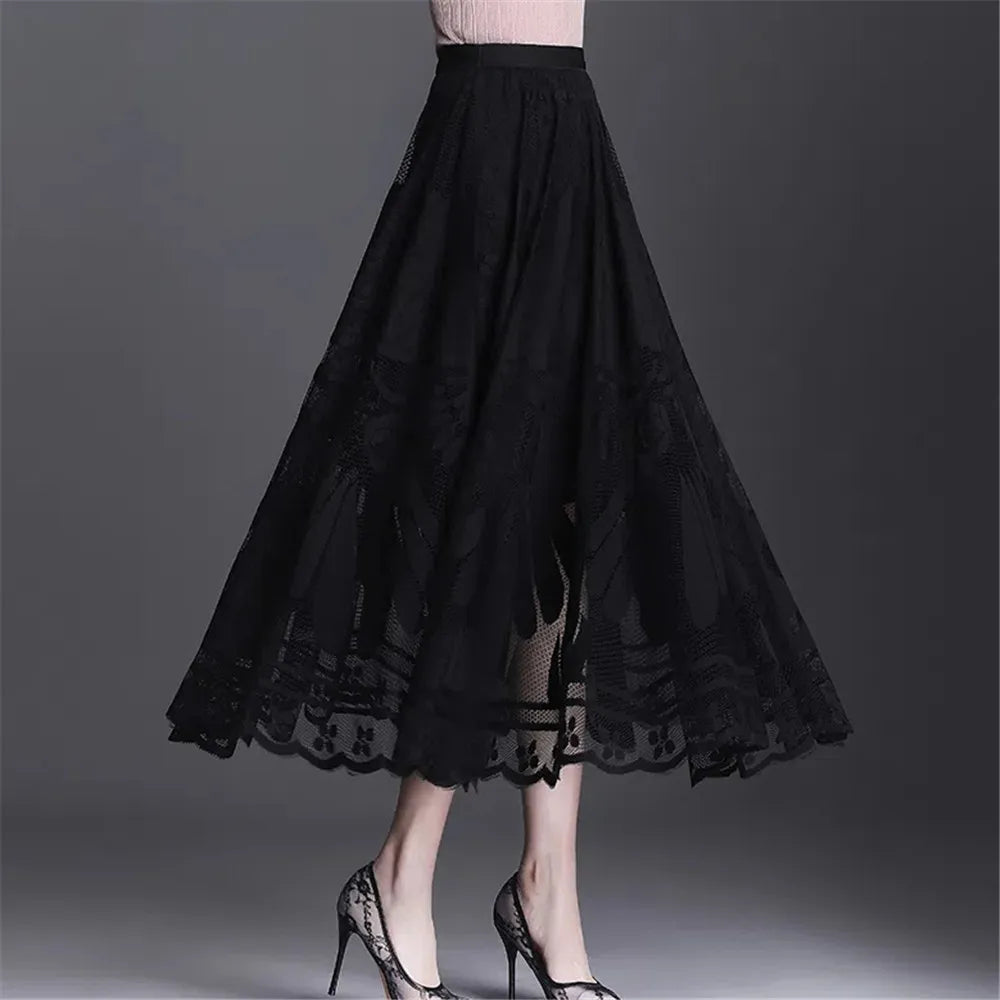 Black Lace Ruffles Tulle Skirt Women'S Autumn Winter New A-Line Long Skirt Office Ladies Big Swing Gauze Hollow Pleated Skirt