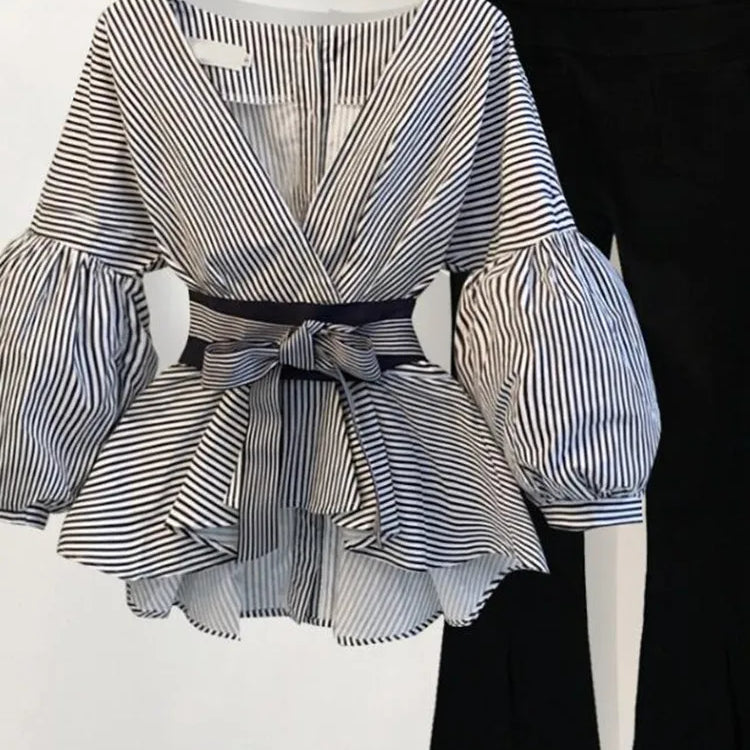 Lantern Sleeve Blouse Shirt Women 2023 Fashion Korean Style Summer Bow V-neck Striped Shirt Elegant Ladies Tops Female Clothing suit