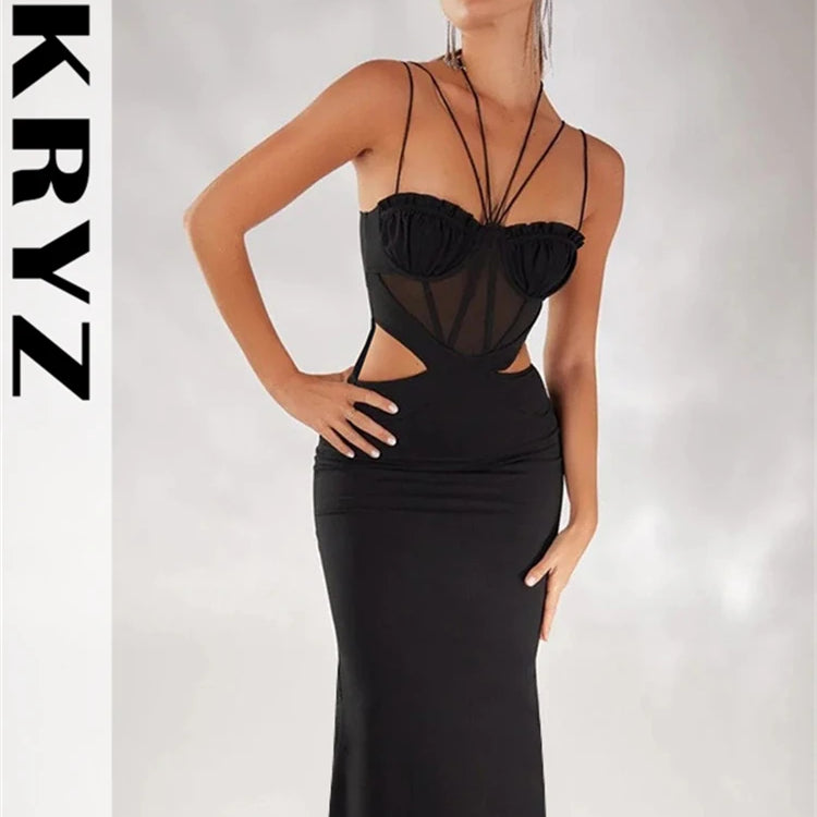 Ladies Autumn Sleeveless Backless Lace Up Halter Hollow Out Maxi Dress For Women New Fashion Evening Party Club Wear Y2K Clothes