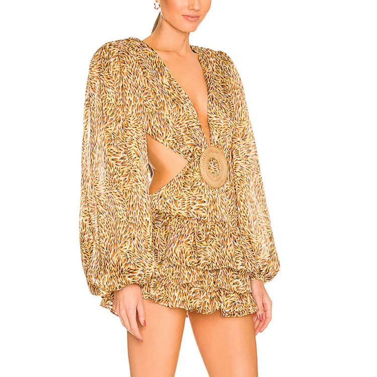 Women Summer Style Sexy Long Sleeve Hollow Out Floral Pleated Mini Bodycon Dress 2022 Elegant Evening Party Dress