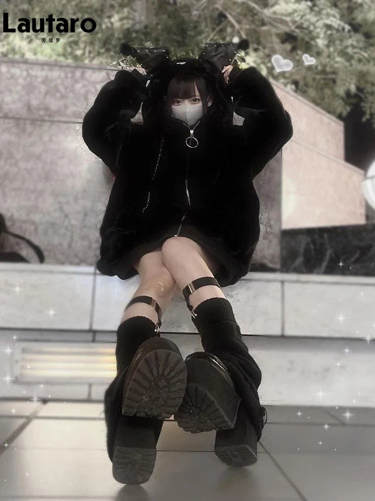 Winter Oversized Warm Thick White Faux Fur Coat Women with Hood Sweet Cute Kawaii Japanese Style Fashion Fluffy Jacket