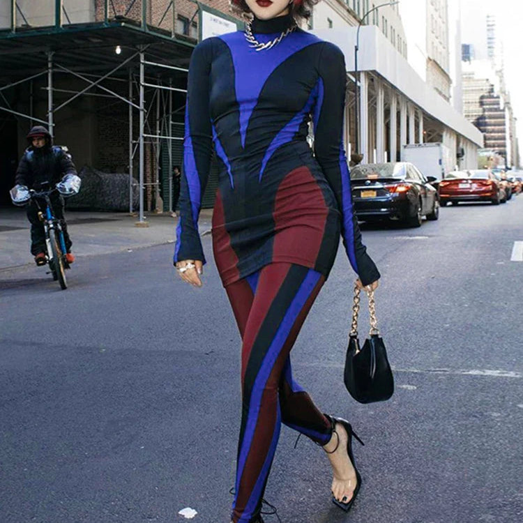 CNYISHE Striped Multicolor Bodycon Sheath Sexy Club Women Dresses Long Sleeve Outfits Half High Collar Hip Wrap Female Vestidos Multicolor