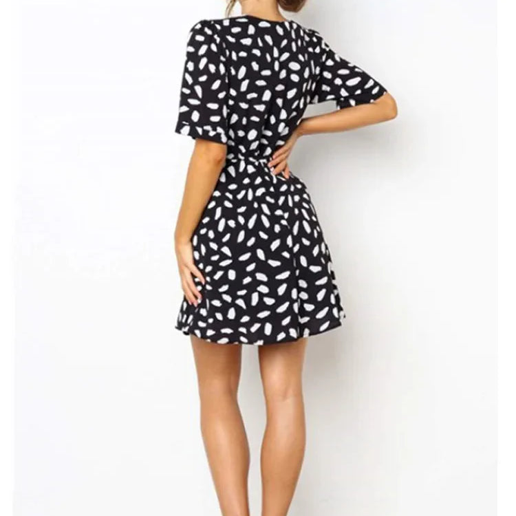 White Sand Spot Mini Summer Dresses Women V Neck Casual Beach Sundress Sexy Botton Wrap Bodycon Dress Female