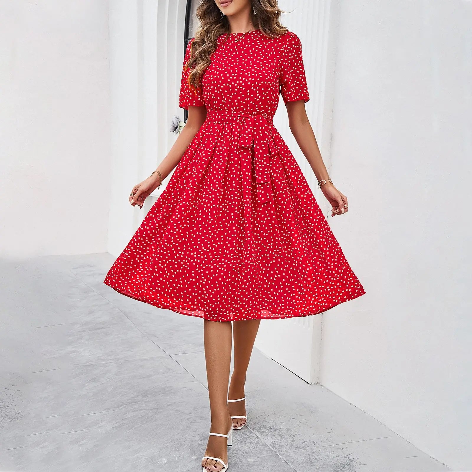 Elegant Office Lady Lace Up Dress Women Casual Short Sleeved Women's Dress 2024 Spring Summer Polo Dot Printed Dress Up