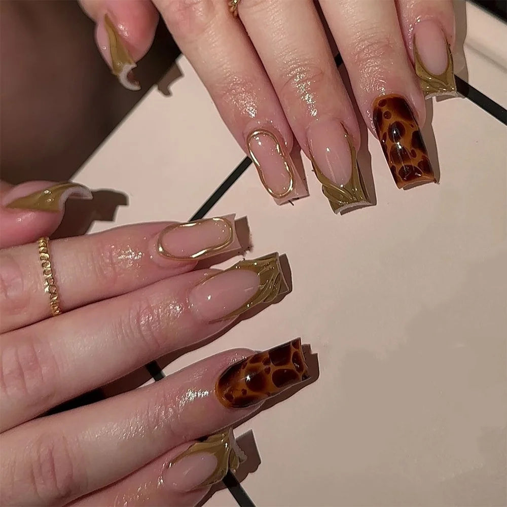 24Pcs Mid-length Square Head French False Nails Press on 3D Flower Design Full Cover Nails Tips Leopard Print Reusable Fake Nail