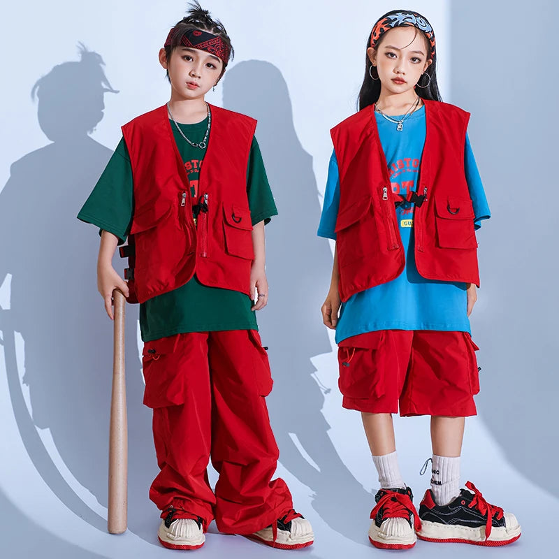 Boys Hip Hop Pants Outfits Red Vest Cargo Pants Girls Streetwear Children Joggers Street Dance Kids Jazz Costumes Clothes Sets