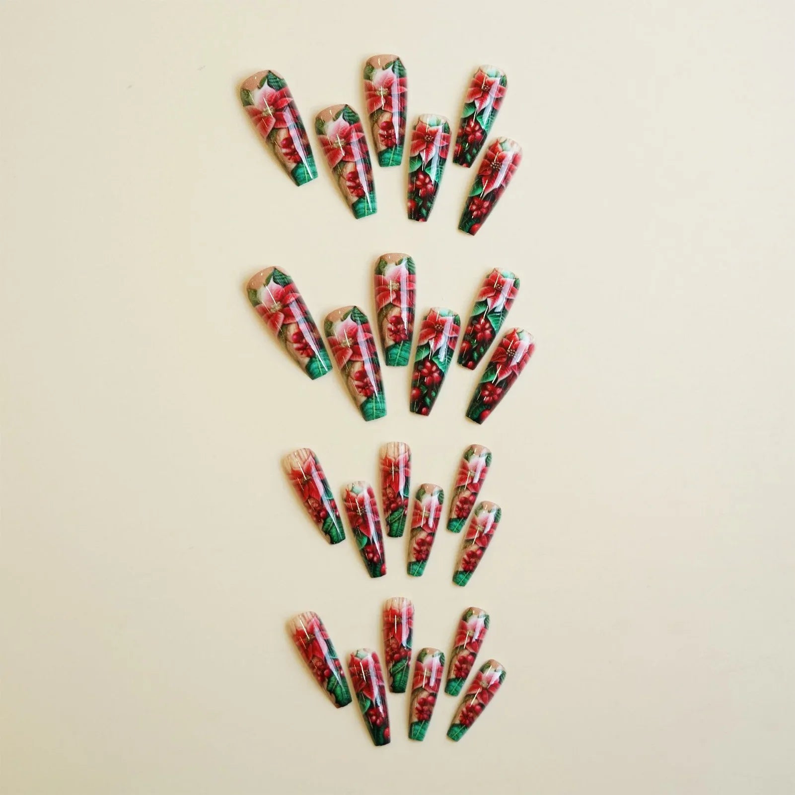 24Pcs Long Coffin Fake Nails Women Chriarmas Party Charm Manicure Full Cover Press On Nails Red Flower Printed Nails Supplies