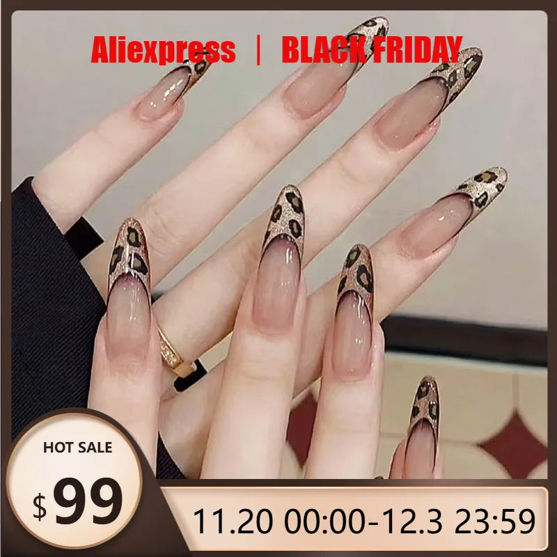 24pcs French Cat Eye Leopard Print Press on Nails Simple Short Nails Full Cover Wearable False Nails