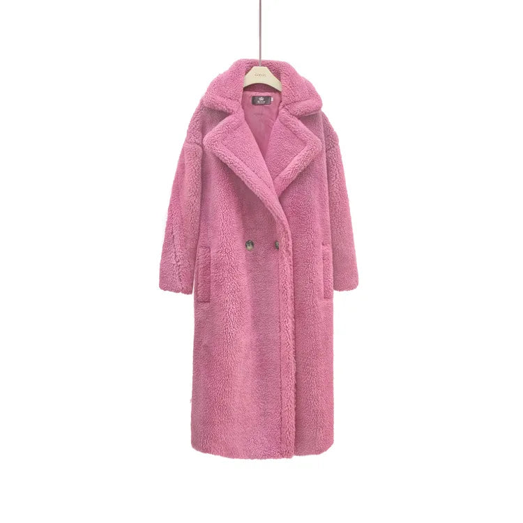 New Winter Coat Women Wool Sheep Shearing Faux Fur Warm Coat Women's Medium Long Large Grain Lamb Wool Thick Teddy Bear Outwear Pink