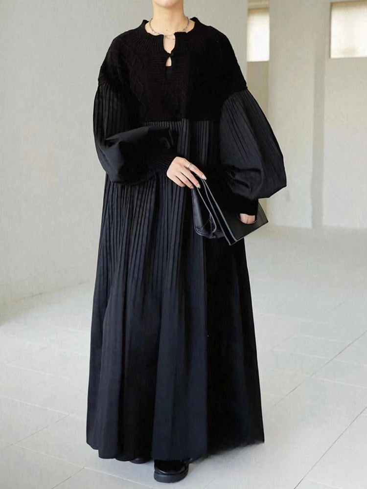 Vintage Black Hollow Out Knitted Patchwork Long Sleeve Pullover Dress Casual Loose Mid Long Vestidos Autumn Winter