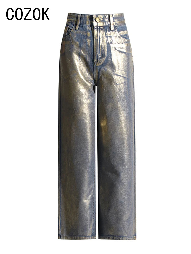 Metallic Wide Leg Jeans High Waist Pants For Women Autumn Vintage Y2K Streetwear Casual Loose Straight Denim Trousers
