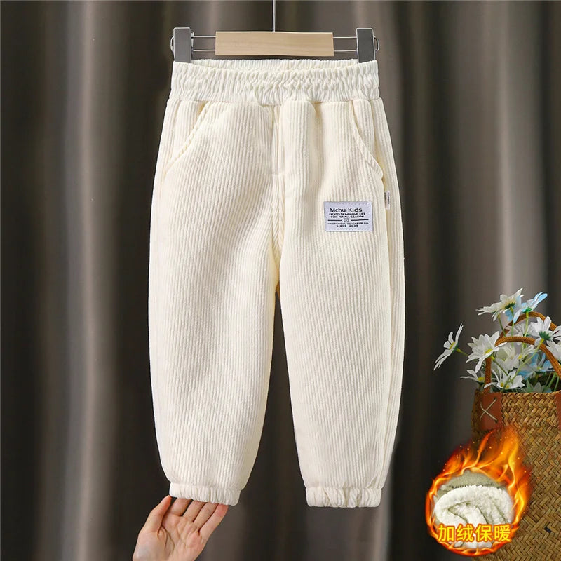 Winter Boys Thick Pants Kids Plus Velvet Warm Trousers Children Padded Cotton Long Pants Autumn Casual Sports Pants 2-12Y White