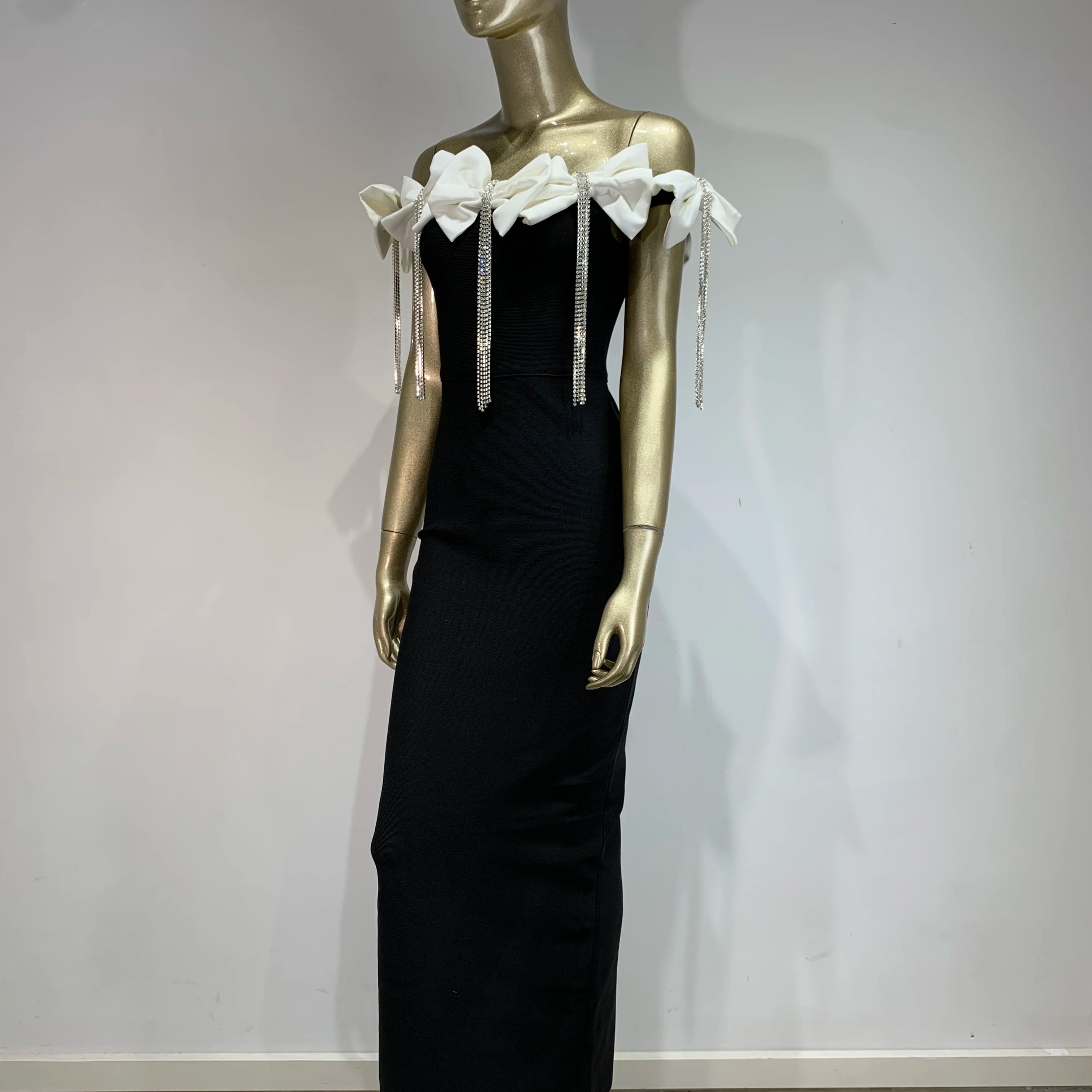 Women Sexy Off the Shoulder Bodycon Bandage Long Dress Bow Chain Elegant Evening Party Celebrate Birthday Dress