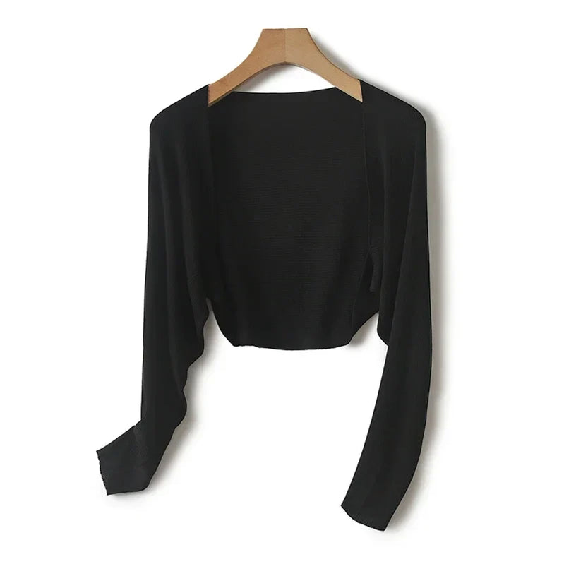 Linen "Ice Silk" Women Sun Protection Cover Ups Long Sleeve Knitted Shawl Thin Summer Relax Cardigan Cape Outerwear Shirt Loose black Onesize (M)