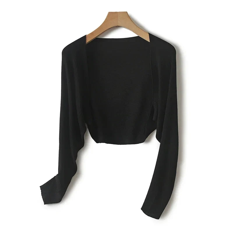 Linen "Ice Silk" Women Sun Protection Cover Ups Long Sleeve Knitted Shawl Thin Summer Relax Cardigan Cape Outerwear Shirt Loose black Onesize (M)