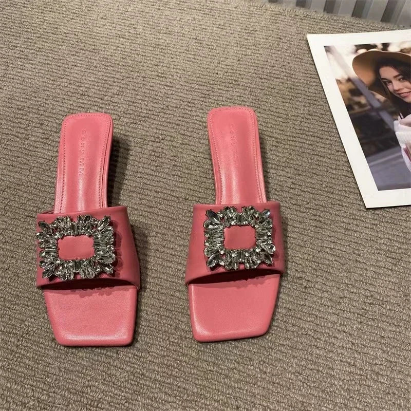 Elegant S Slippers Women's Open Toe Flat Heel Slip-on Muller Shoes Crystal Slippers Brand Rhinestone Square Buckle Sandals Mujer Pink