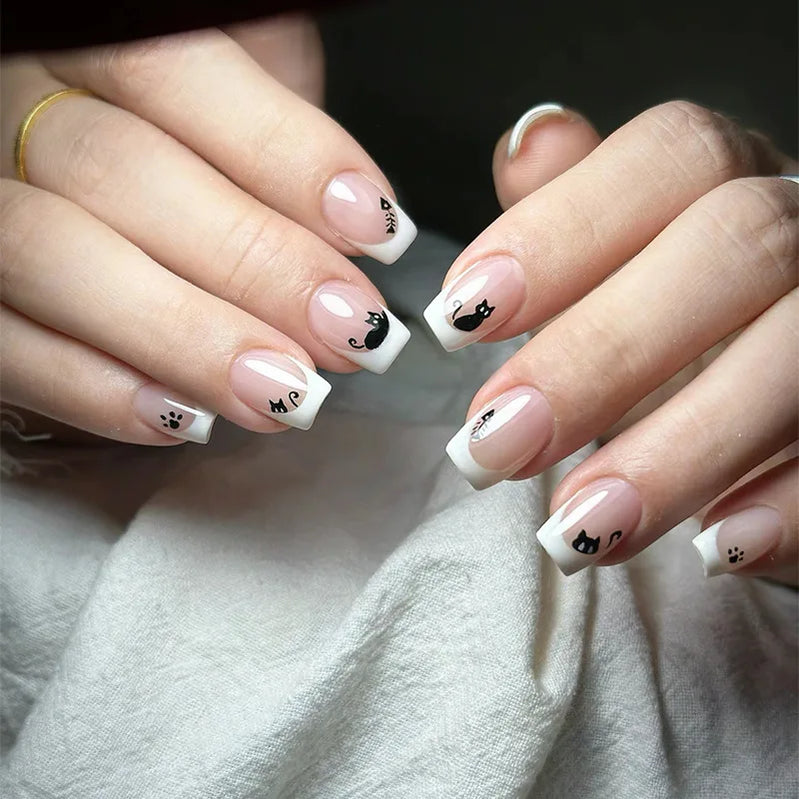 24pcs/set short Medium square fake nails for women gradient nude pink flowers french almond summer tips press on false nail art