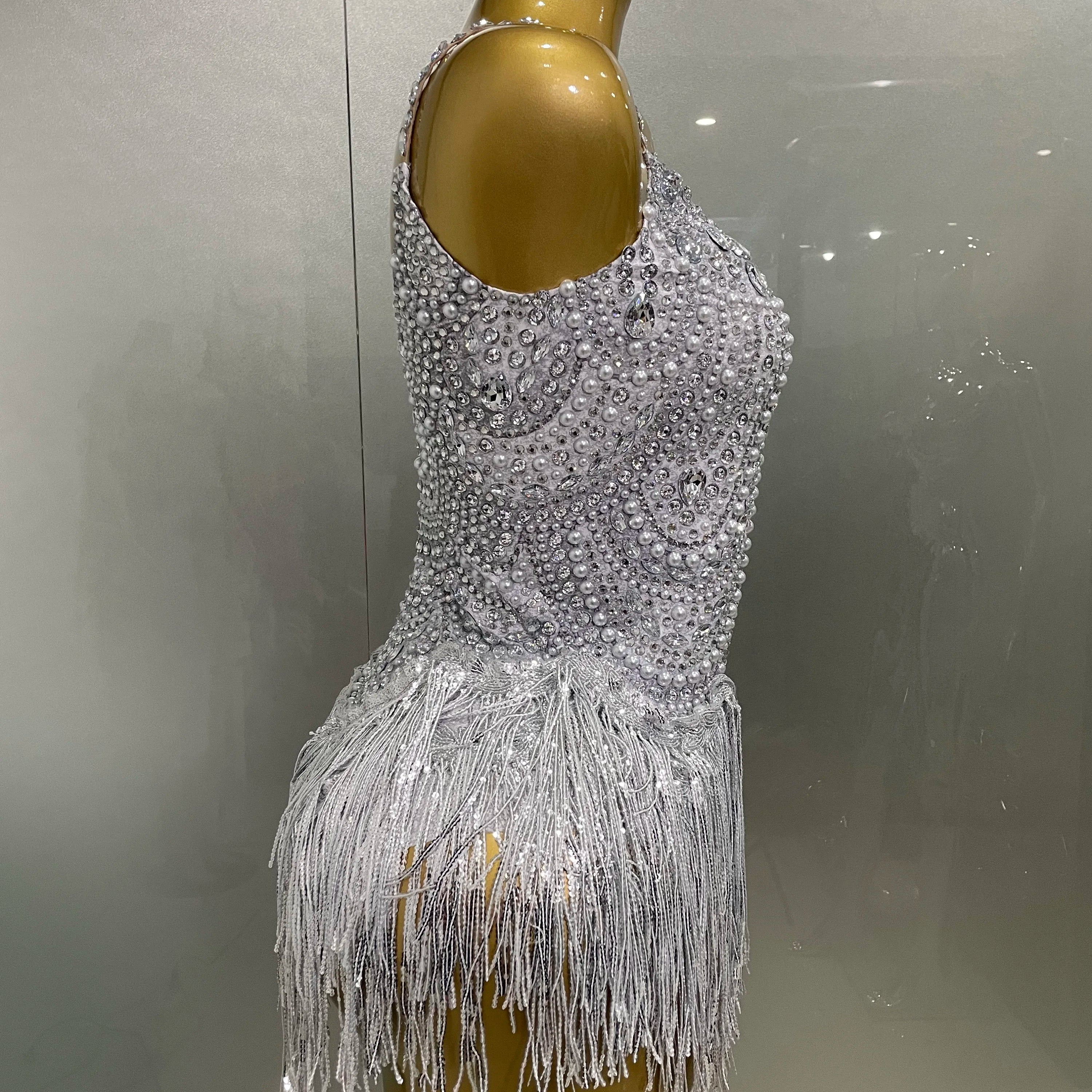 Sparkly Silver Rhinestones Pearl Tassels Bodysuit 2025 New Women Sexy Eveing Birthday Party Nightclub Stage Performance Costume